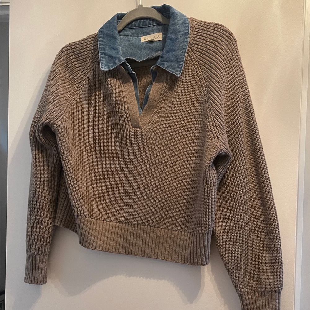 Marled Taupe Waffle Knit V-Neck Sweater with Denim Collar